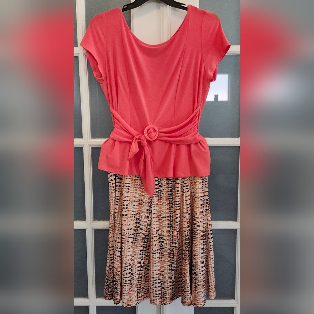 Coral Midi Blouse with Waist Tie and Patterned Skirt